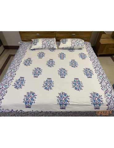 Purple Indigo White Premium Hand Block Printed Cotton Floral Pattern Bedsheet with 2 Pillow covers