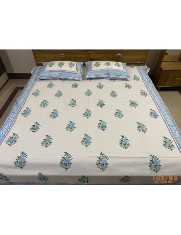 White Indigo Premium Hand Block Printed Cotton Floral Pattern Bedsheet with 2 Pillow covers