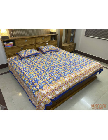 Premium Block Printed Cotton Floral Pattern Bedsheet with 2 Pillow covers