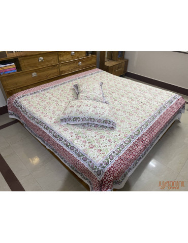 Premium Block Printed Cotton Floral Pattern Bedsheet with 2 Pillow covers