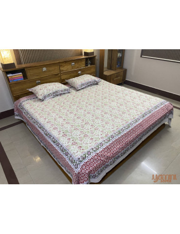 Premium Block Printed Cotton Floral Pattern Bedsheet with 2 Pillow covers