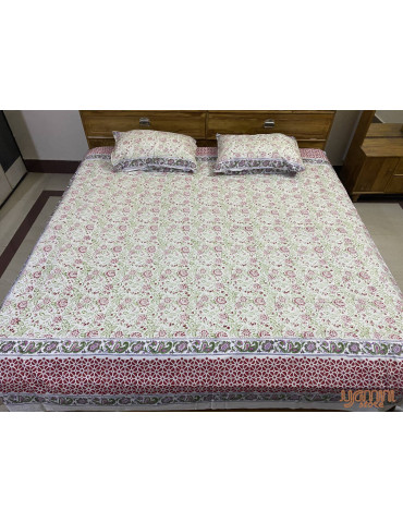 Premium Block Printed Cotton Floral Pattern Bedsheet with 2 Pillow covers