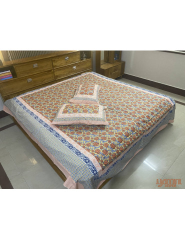 Premium Hand Block Printed Cotton Floral Pattern Bedsheet with 2 Pillow covers
