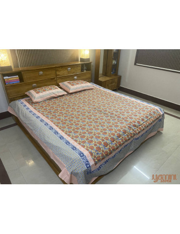 Premium Hand Block Printed Cotton Floral Pattern Bedsheet with 2 Pillow covers