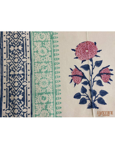 Indigo Pink Blue Premium Hand Block Printed Cotton Floral Pattern Bedsheet with 2 Pillow covers