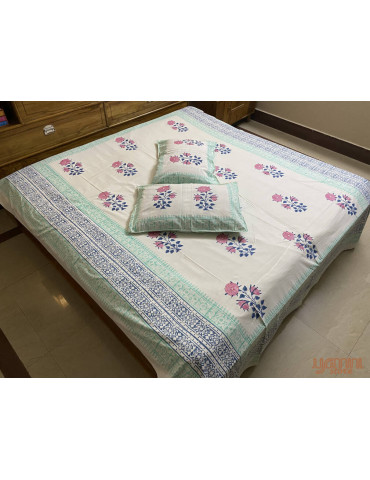 Indigo Pink Blue Premium Hand Block Printed Cotton Floral Pattern Bedsheet with 2 Pillow covers