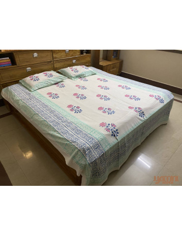Indigo Pink Blue Premium Hand Block Printed Cotton Floral Pattern Bedsheet with 2 Pillow covers
