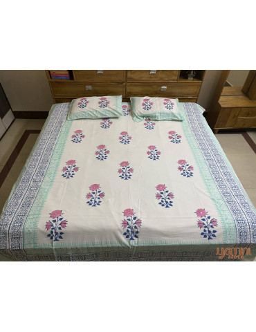 Indigo Pink Blue Premium Hand Block Printed Cotton Floral Pattern Bedsheet with 2 Pillow covers