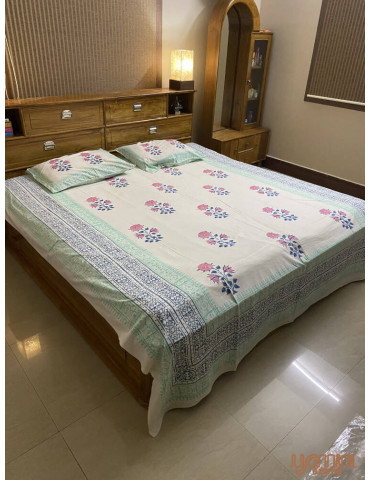 Indigo Pink Blue Premium Hand Block Printed Cotton Floral Pattern Bedsheet with 2 Pillow covers
