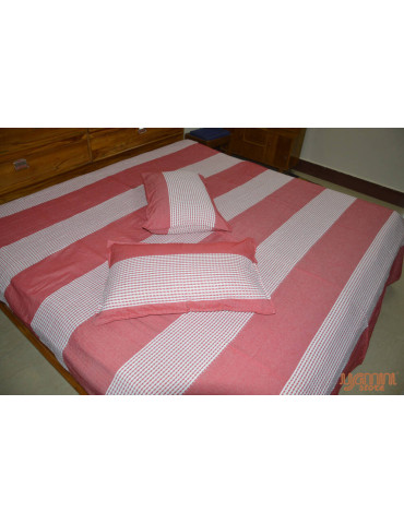 Handloom Cotton Double Bedsheet with Pillow Cover White with Red Horizontal Stripe