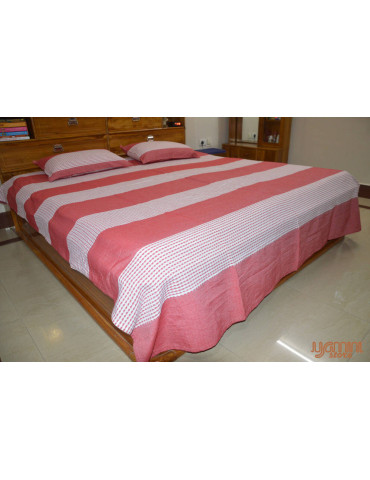 Handloom Cotton Double Bedsheet with Pillow Cover White with Red Horizontal Stripe