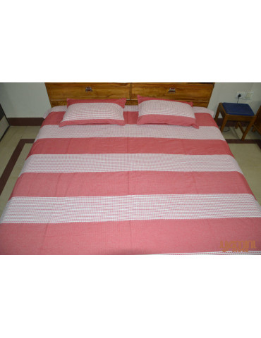 Handloom Cotton Double Bedsheet with Pillow Cover White with Red Horizontal Stripe