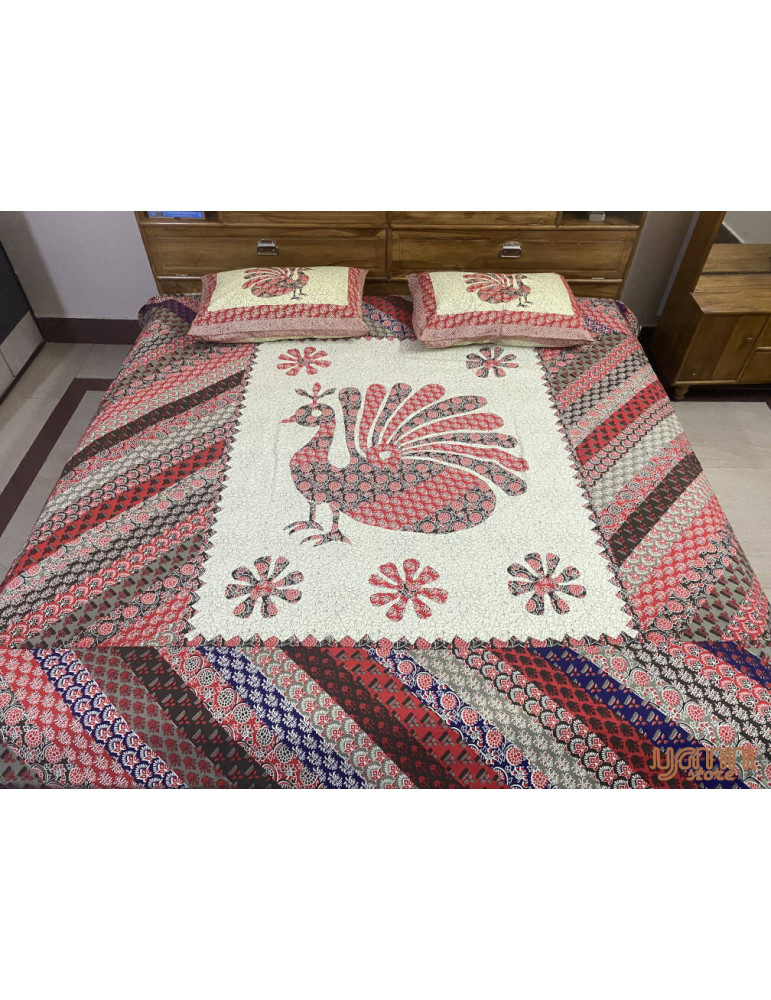 Multicolor Peacock Pattern  Premium Printed Cotton Bedsheet with 2 Pillow covers