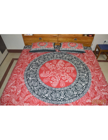Red Black Jaipuri Print Premium Pure Cotton Double Bedsheet with Pillow Cover