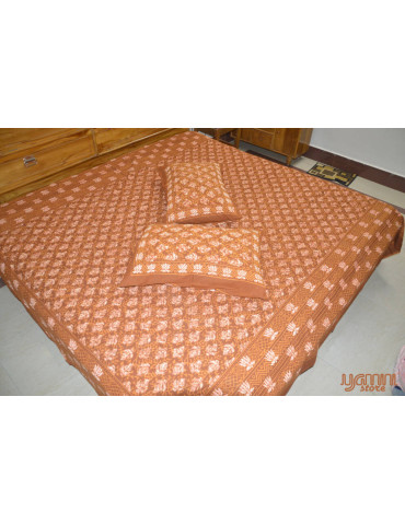 Brown Shade Block Jaipuri Print Handloom Pure Cotton Double Bedsheet with Pillow Cover