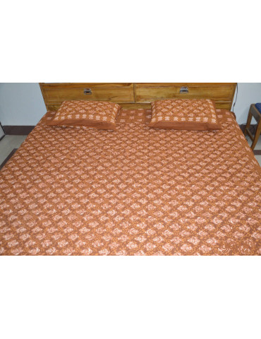 Brown Shade Block Jaipuri Print Handloom Pure Cotton Double Bedsheet with Pillow Cover