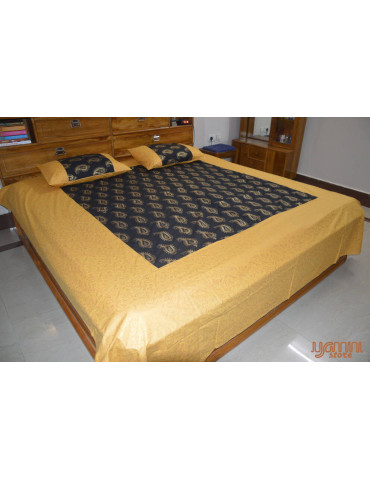 Gold Toned Patola Print Jaipuri Double Bedsheet with Pillow Cover