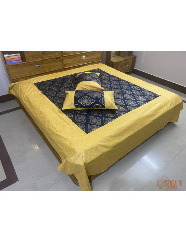 Gold Toned Patola Print Jaipuri Double Bedsheet with Pillow Cover