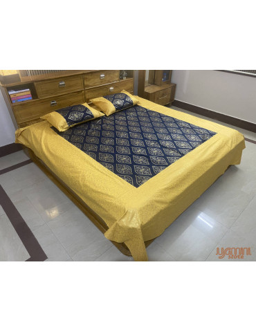 Gold Toned Patola Print Jaipuri Double Bedsheet with Pillow Cover