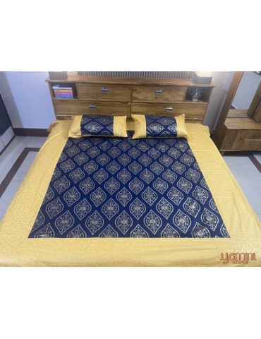 Gold Toned Patola Print Jaipuri Double Bedsheet with Pillow Cover