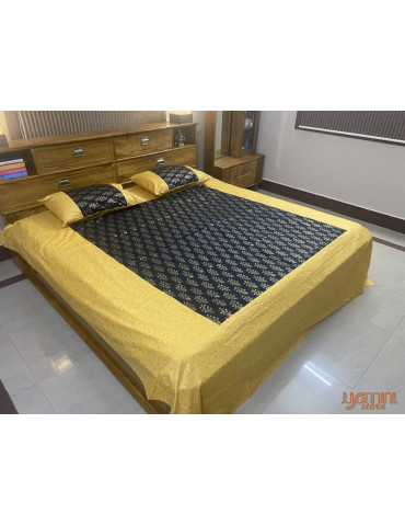 Gold Toned Patola Print Jaipuri Double Bedsheet with Pillow Cover