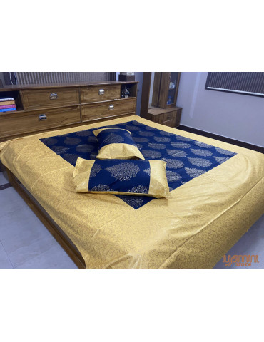 Gold Toned Patola Print Jaipuri Double Bedsheet with Pillow Cover