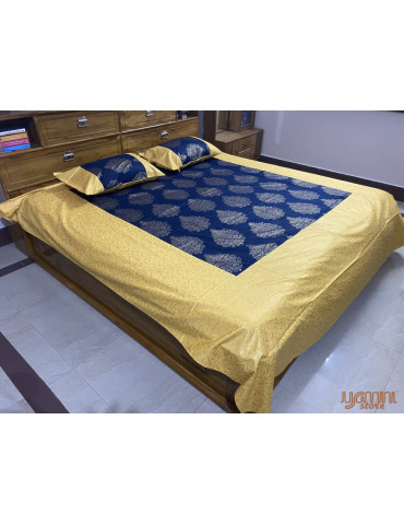 Gold Toned Patola Print Jaipuri Double Bedsheet with Pillow Cover