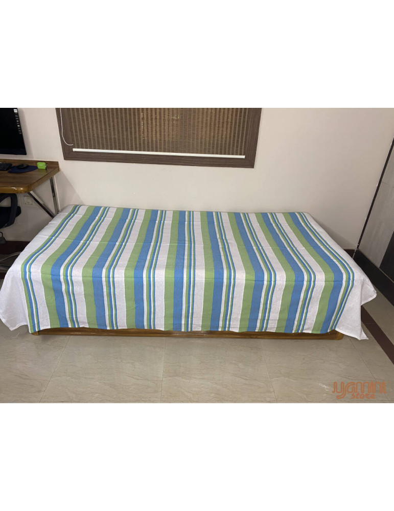 Handloom Cotton Double Bedsheet with Pillow Cover Green Blue Stripes  on White Base