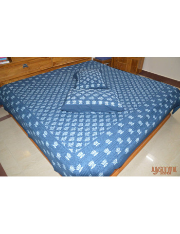 Indigo Floral Print Handloom Cotton Double Bedsheet with Pillow Cover
