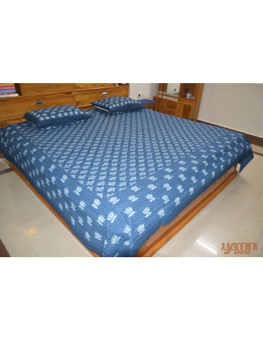 Indigo Floral Print Handloom Cotton Double Bedsheet with Pillow Cover