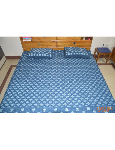 Indigo Floral Print Handloom Cotton Double Bedsheet with Pillow Cover