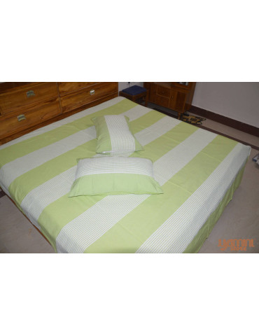 Olive Green & White Horizontal Stripes Handloom Double Bedsheet with Pillow Cover 