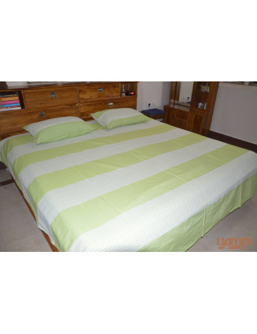 Olive Green & White Horizontal Stripes Handloom Double Bedsheet with Pillow Cover 