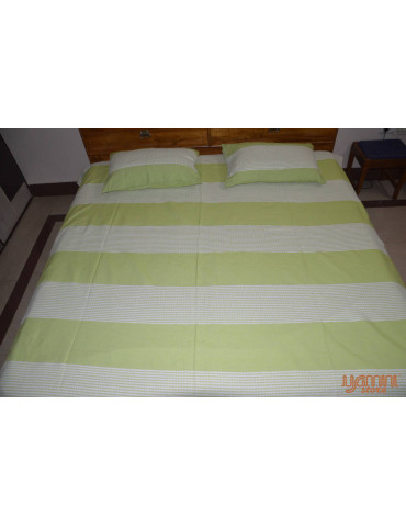 Olive Green & White Horizontal Stripes Handloom Double Bedsheet with Pillow Cover 