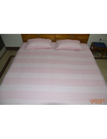 Baby Pink and White Stripe Handloom Cotton Double Bedsheet with Pillow Cover 