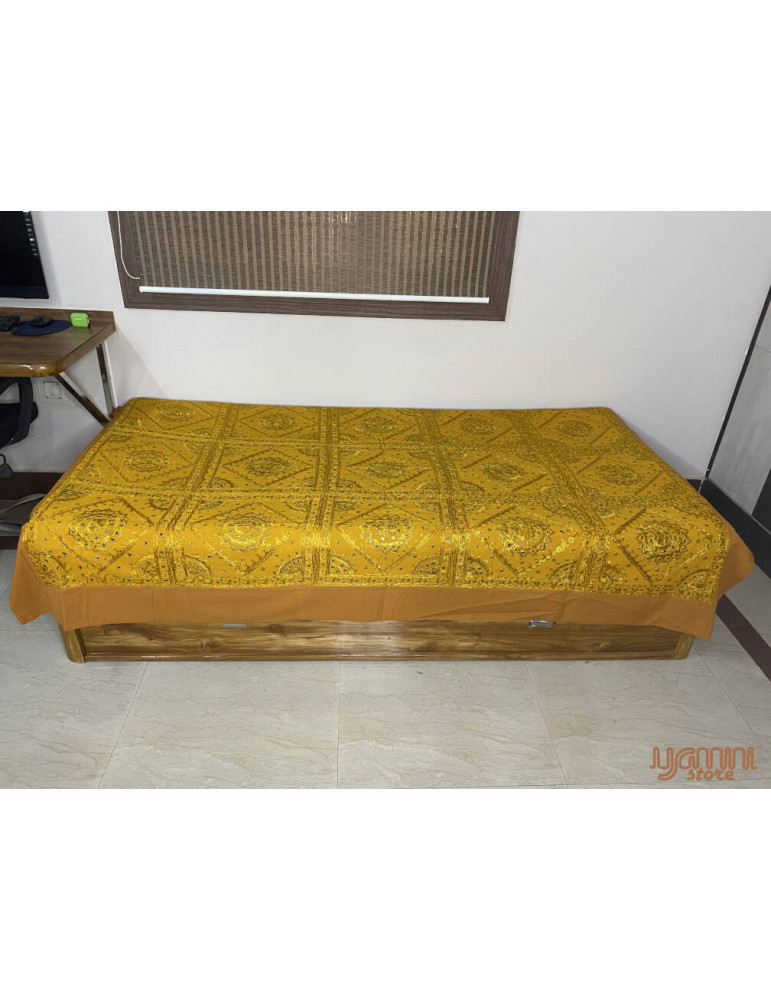 Yellow Mirror Intricate Thread Work Premium Quality Diwan Cover