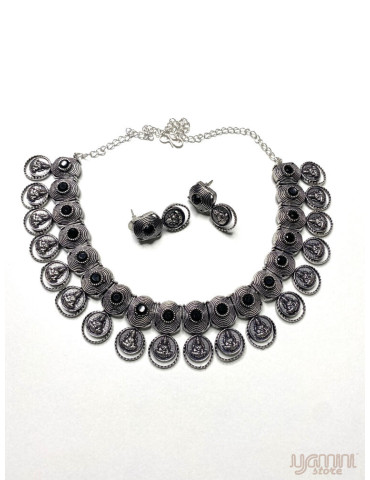 German Silver Black Spiral Temple Design Necklace
