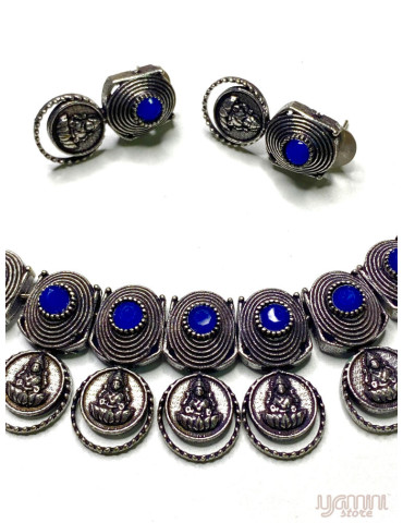 German Silver Navy Blue Spiral Temple Design Necklace