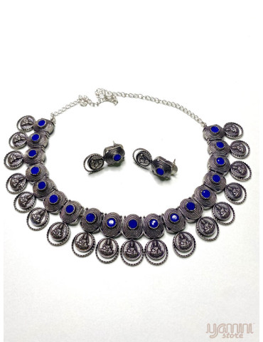 German Silver Navy Blue Spiral Temple Design Necklace