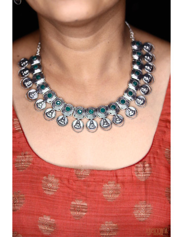 German Silver Green Spiral Temple Design Necklace Set