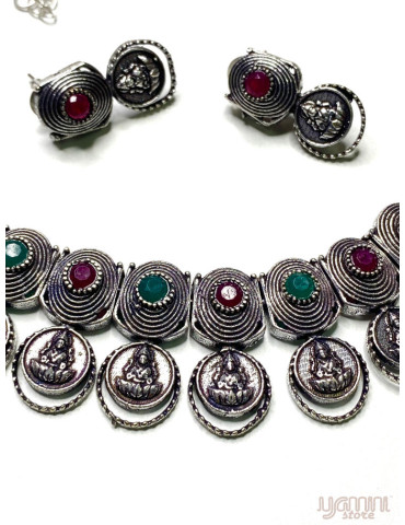 German Silver Multicolour Spiral Temple Design Necklace Set