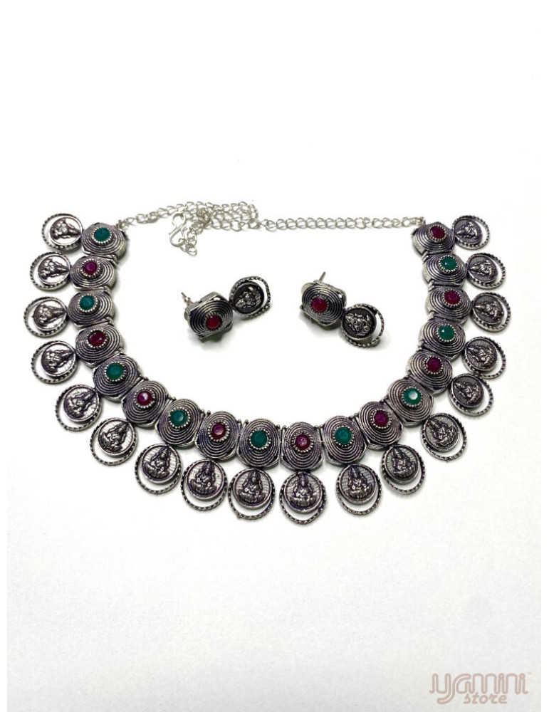 German Silver Multicolour Spiral Temple Design Necklace Set