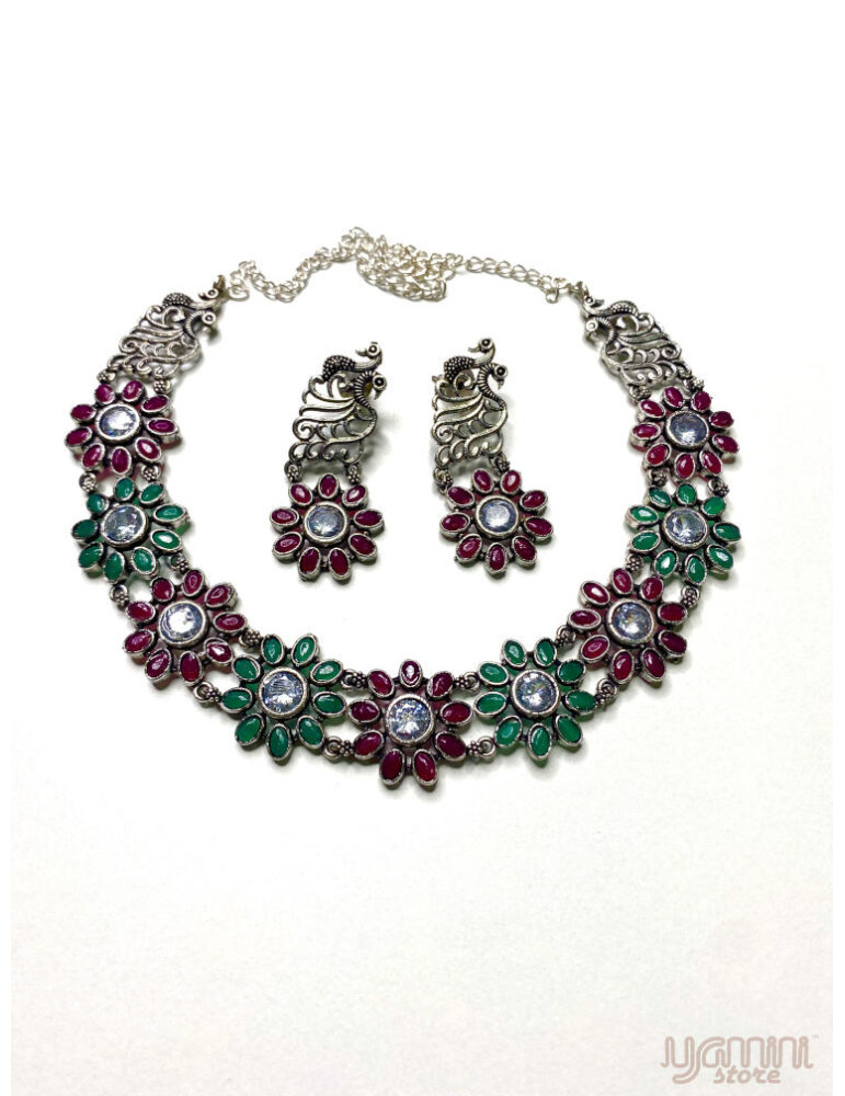 German Silver Multicolor Floral Pattern Necklace Set