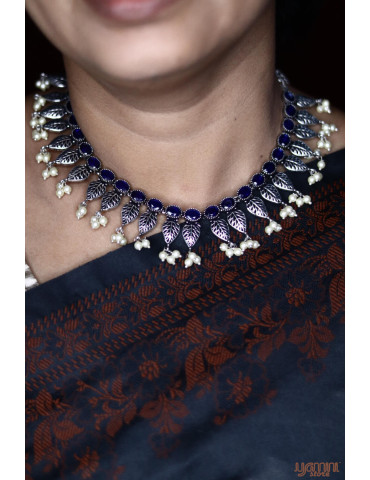 German Silver Blue Leaf Pattern Necklace Set