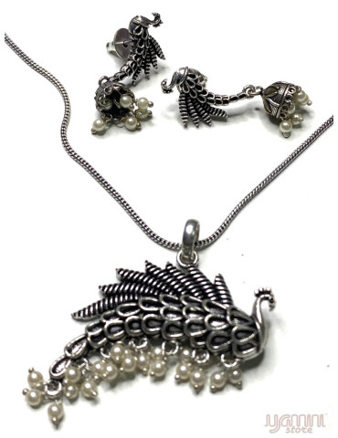 Oxidised Peacock Pendant and Peacock Earrings