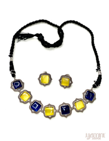 Silver Replica Blue Yellow Monalisa Stone Necklace Set