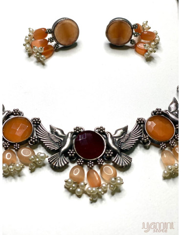 Silver Replica Maroon Orange Designer Neclace Set