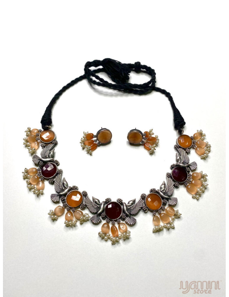 Silver Replica Maroon Orange Designer Neclace Set