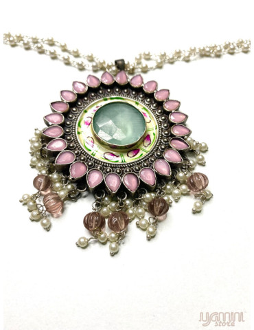 Silver Replica Peach Pink Pendant and White Beads Chain