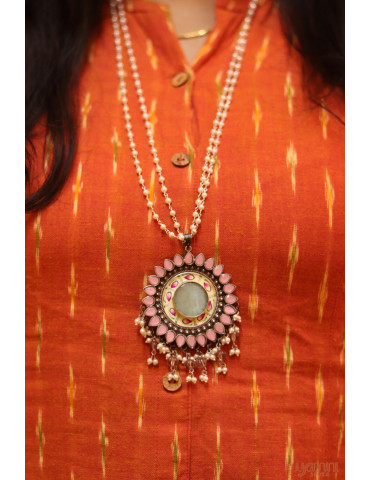 Silver Replica Peach Pink Pendant and White Beads Chain